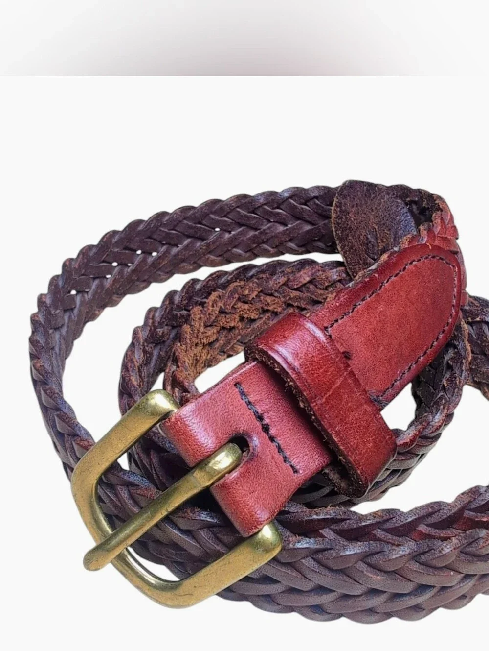 Vintage Lands' End Braided Woven Brown Leather Belt Brass Buckle Men Size 38